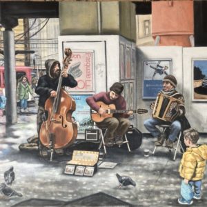 Musiciens de rue, gare de Fribourg. Huile sur toile, 2022.