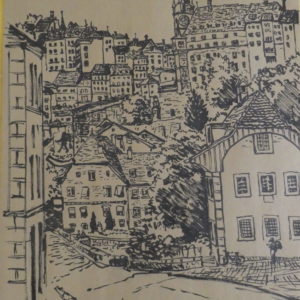 Fribourg, la basse ville. Pinceau et encre sur papier ocre, A3, 2022.