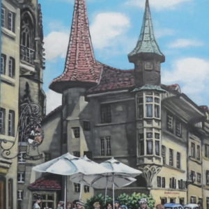 Fribourg, die Schweizehalle. Acrylique sur bristol. 44.5 x 64 cm
