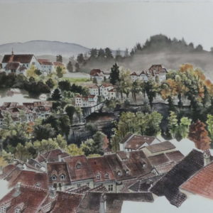 Fribourg, vue la basse ville. Aquarelle, 76.5 x 56.5 cm