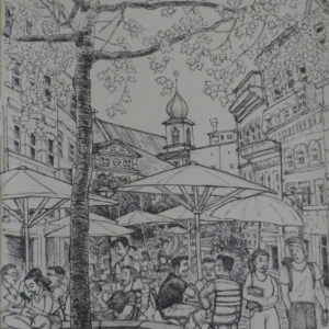 Fribourg, la rue de Romont. Encre sur papier ocre, A3. 2022