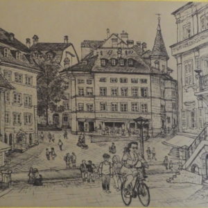 Fribourg, encre sur papier ocre, A3, 2022.