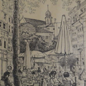 Fribourg, Rue de Romont. Encre sur papier ocre, A3, 2022.