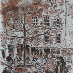 Fribourg, Rue de Romont, encre (plume et pinceau) sur papier, A3, 2022.