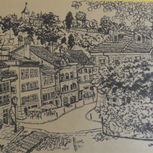 Fribourg, dans la basse ville. Pinceau et encre sur papier ocre, A3, 2022.