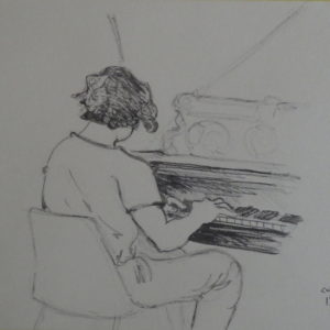 Fribourg, jeune pianiste dans un café. Pinceau et encre, A3, 2022.