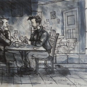 Fribourg, les joueurs de carte, café Belvédère. Encre (plume et pinceau) sur papier, A3, 2022.