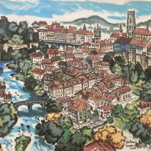 Fribourg, la basse ville. Gouache sur papier.